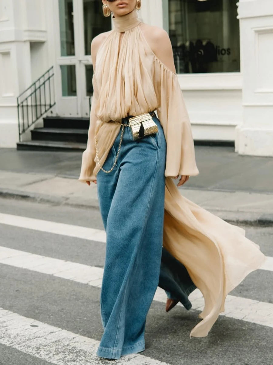 TWOTWINSTYLE Fashion Apricot Turtleneck Ruched Accent Blouse for Women Off The Shoulder Oversized Sleeve Top for Street Style
