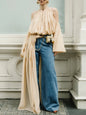 TWOTWINSTYLE Fashion Apricot Turtleneck Ruched Accent Blouse for Women Off The Shoulder Oversized Sleeve Top for Street Style