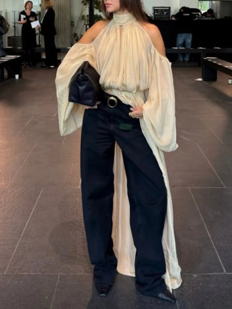TWOTWINSTYLE Fashion Apricot Turtleneck Ruched Accent Blouse for Women Off The Shoulder Oversized Sleeve Top for Street Style
