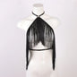 Women'S Black Tassel Halter Top-Adjustable Elastic Harness, All-Season Wear, Casual Attire Top,Tassel Detail Top